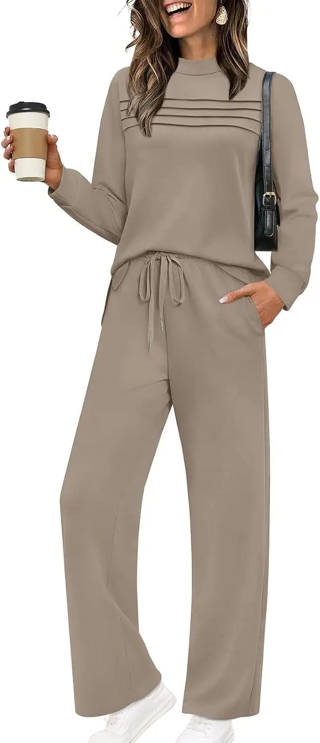 WIHOLL Two Piece Sets for Women Spring Travel Vacation Outfits 2026 Long Sleeve Lounge Sets Side Slit Wide Leg Pants S-3XL OEKO-TEX STANDARD 100