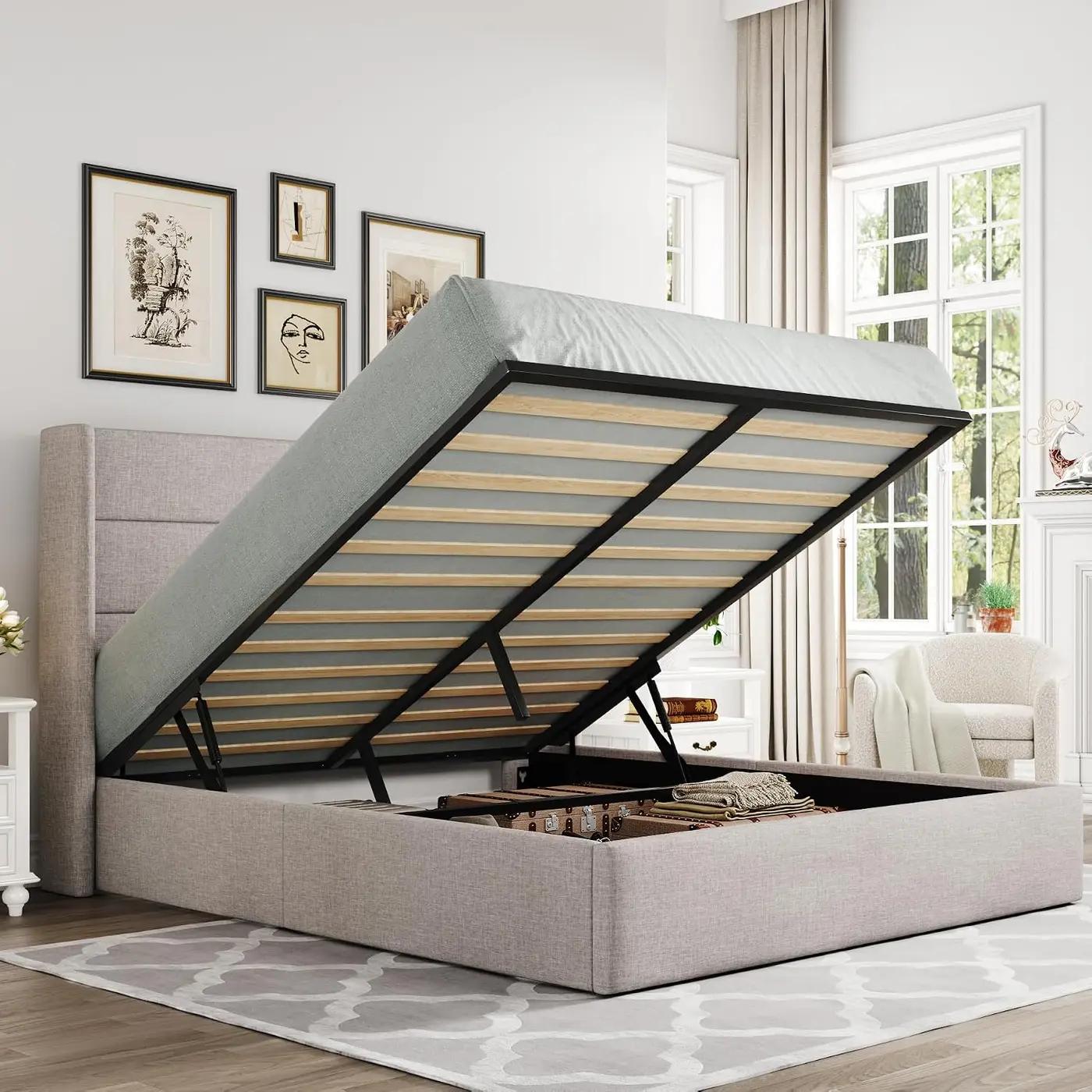 Allewie Queen Size Lift Up Storage Bed, Modern Wingback Headboard, Hydraulic Support, No Box Spring Needed, Light Beige