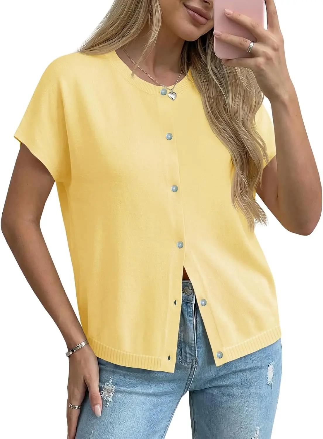 Saodimallsu Womens Oversized Cardigans Summer Short Sleeve Lightweight Knit Button Down Crew Neck Casual Sweater Tops