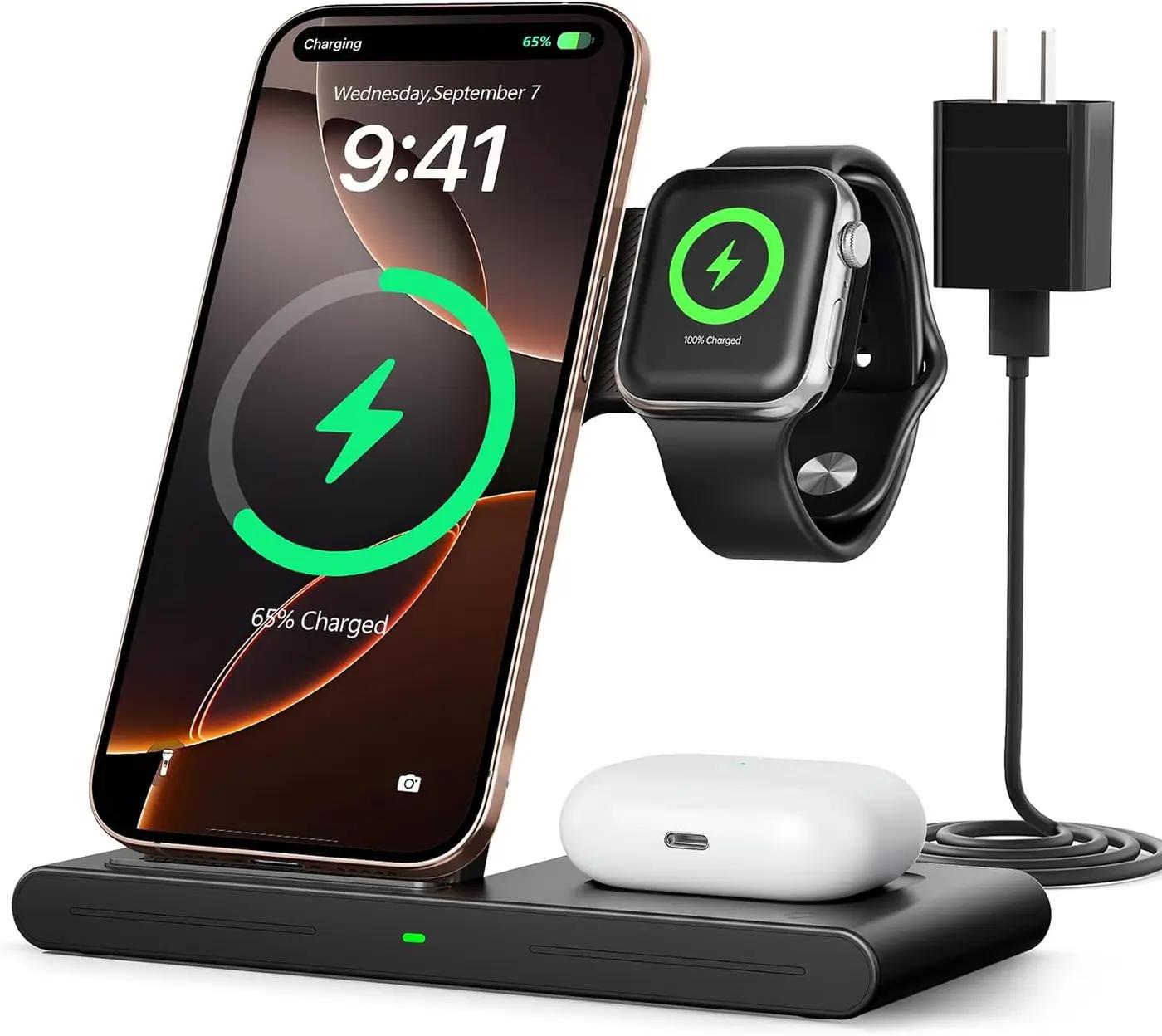 RYND 2026 Travel Portable Wireless Fast Charger for Apple &amp; Android Charging Station,3 in 1 Charging for iPhone17 16 15 14 13 12,Apple Watch Series &amp; Air pods 4 3 2 Pro,Samsung Galaxy Recycled Claim Standard Blended