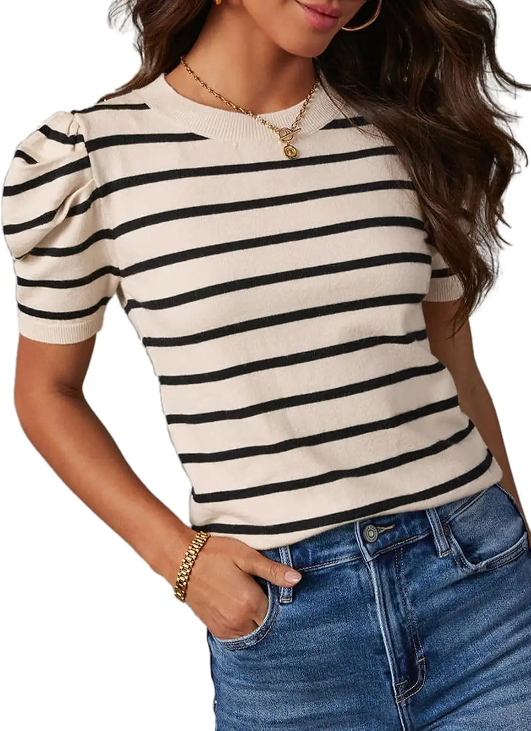 Dokotoo Women's Short Puff Sleeve Knit Tops 2026 Trendy Crewneck Striped T Shirts Casual Summer Blouses