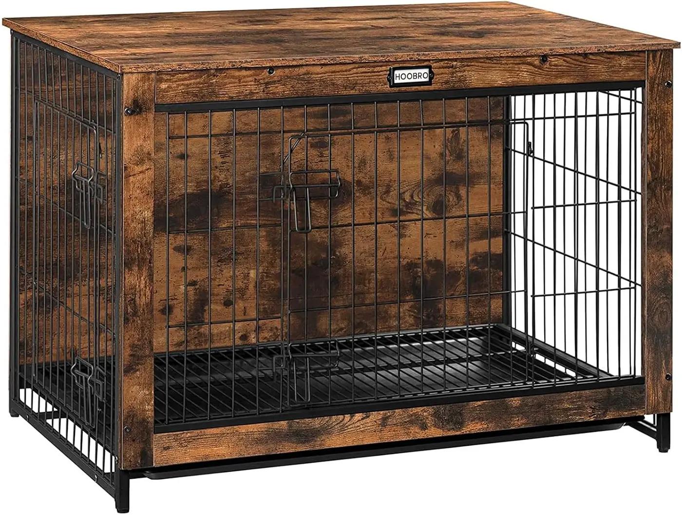 HOOBRO Dog Crate Furniture, 38.6" Large Dog Kennel Indoor, Wooden Cage with Pull-Out Tray, Double Doors Pet House Side End Table for Large/Medium/Small Dogs, Rustic Brown BF982GW03G1 The Forest Stewardship Council