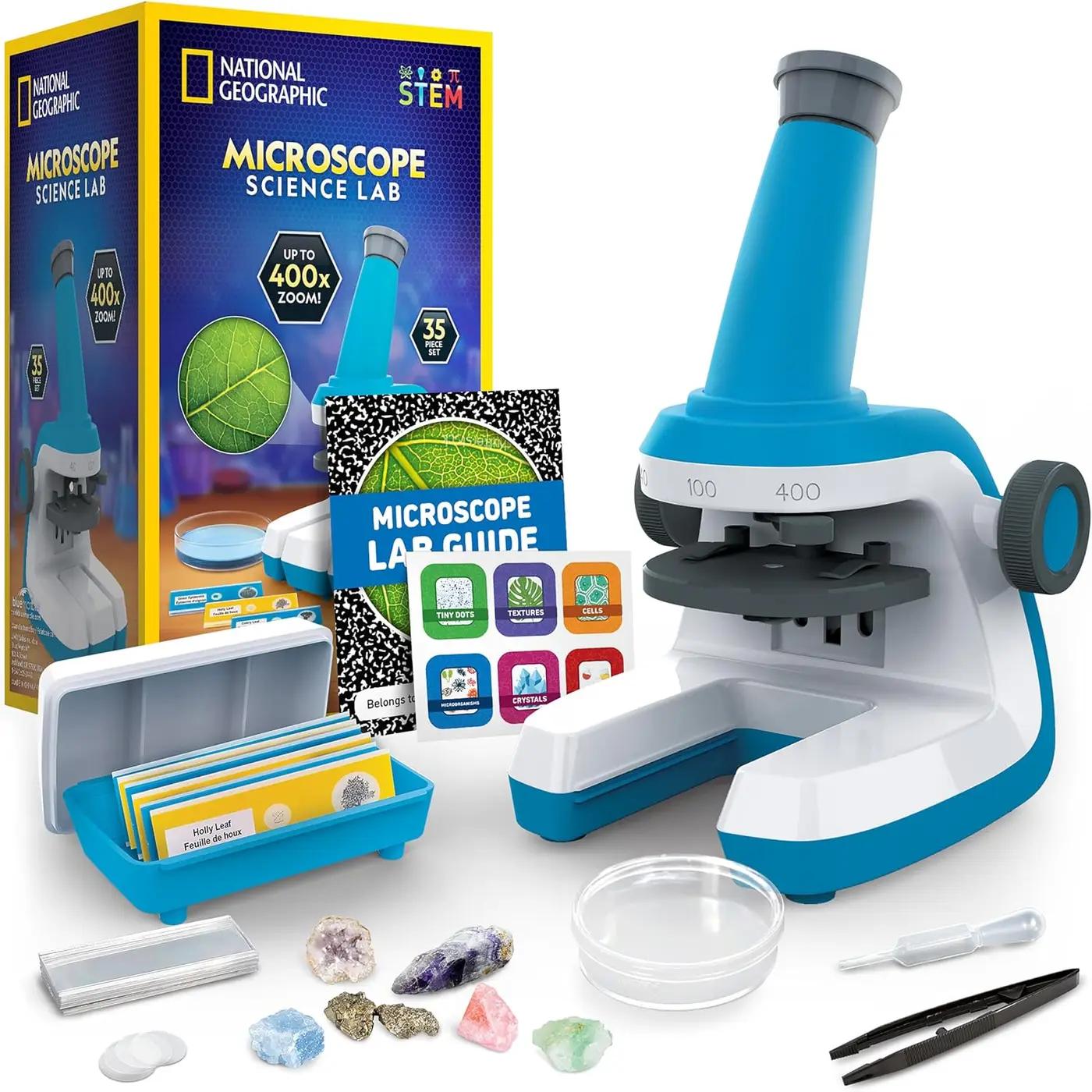 NATIONAL GEOGRAPHIC Microscope for Kids - Science Kit with an Easy-to-Use Kids Microscope, Up to 400x Zoom, Blank and Prepared Slides, Rock &amp; Mineral Specimens, STEM Project Toy