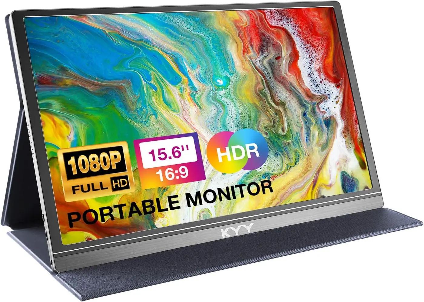 KYY Portable Monitor 15.6inch 1080P FHD USB-C, HDMI Computer Display HDR IPS Gaming Monitor w/Premium Smart Cover &amp; Screen Protector, Speakers, for Laptop PC MAC Phone PS4 Xbox Switch
