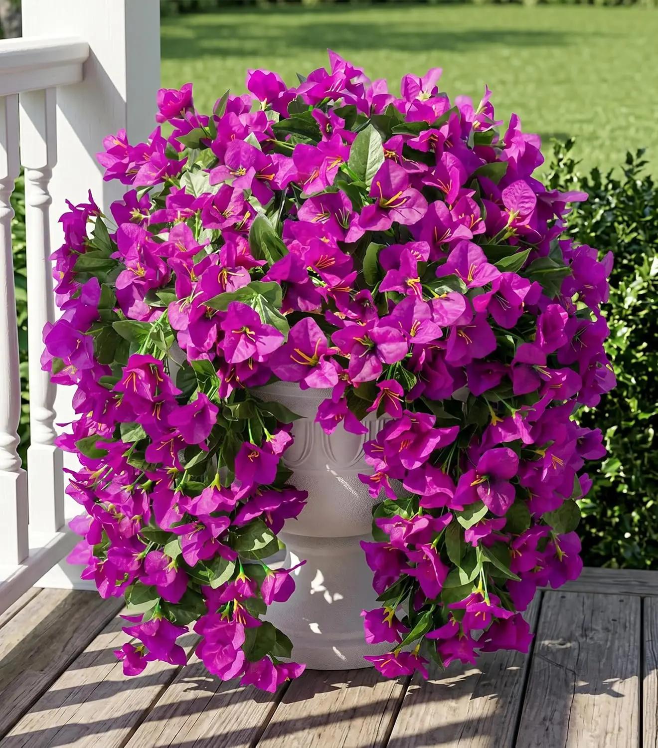 Faux Bougainvillea Artificial Flowers Plants for Outdoors Outside Decoration, 2 pcs Purple Fake Flowers UV Resistant Look Real Silk Long Trailing Vines for Front Door Porch Planter Urn Patio Garden