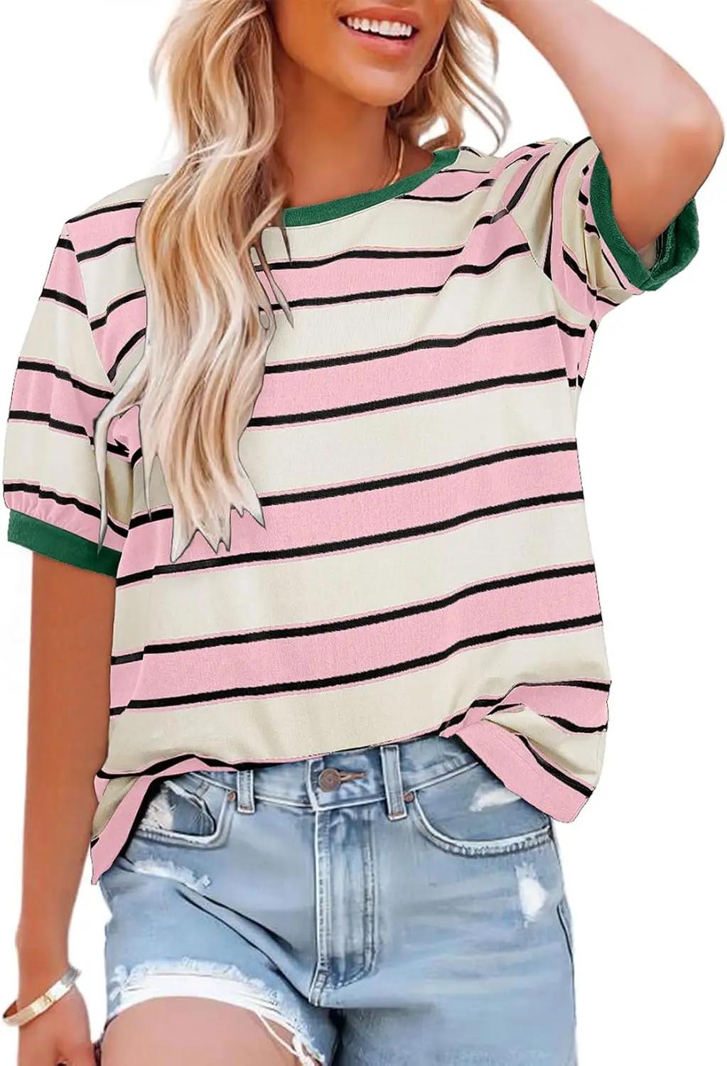 Dokotoo Womens Summer Tops 2026 Striped Color Block Short Sleeve Fashion T-Shirts Crewneck Casual Loose Basic Tee Blouses
