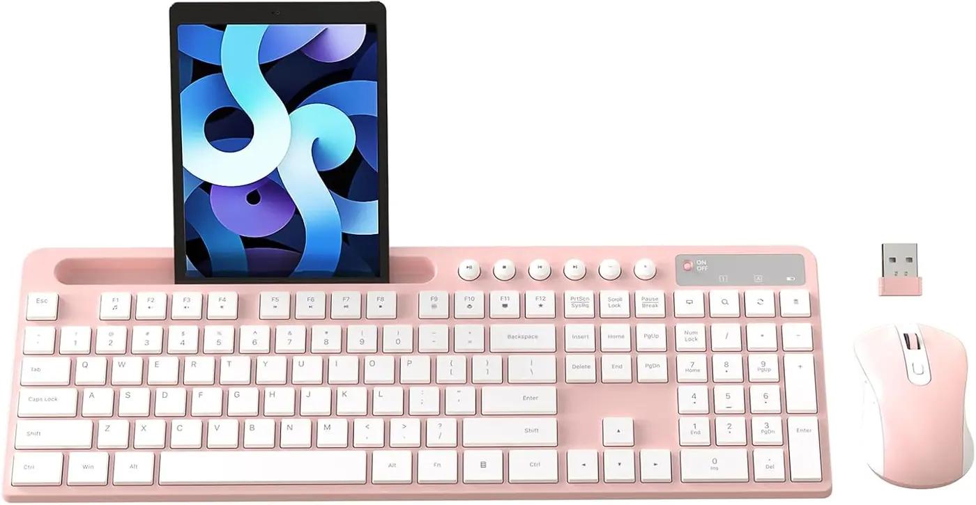 Wireless Keyboard and Mouse Combo, MARVO 2.4G Ergonomic Wireless Computer Keyboard with Phone Tablet Holder, Silent Mouse with 6 Button, Compatible with MacBook, Windows (Pink) Recycled Content Certification for Electrical and Electronic Equipment