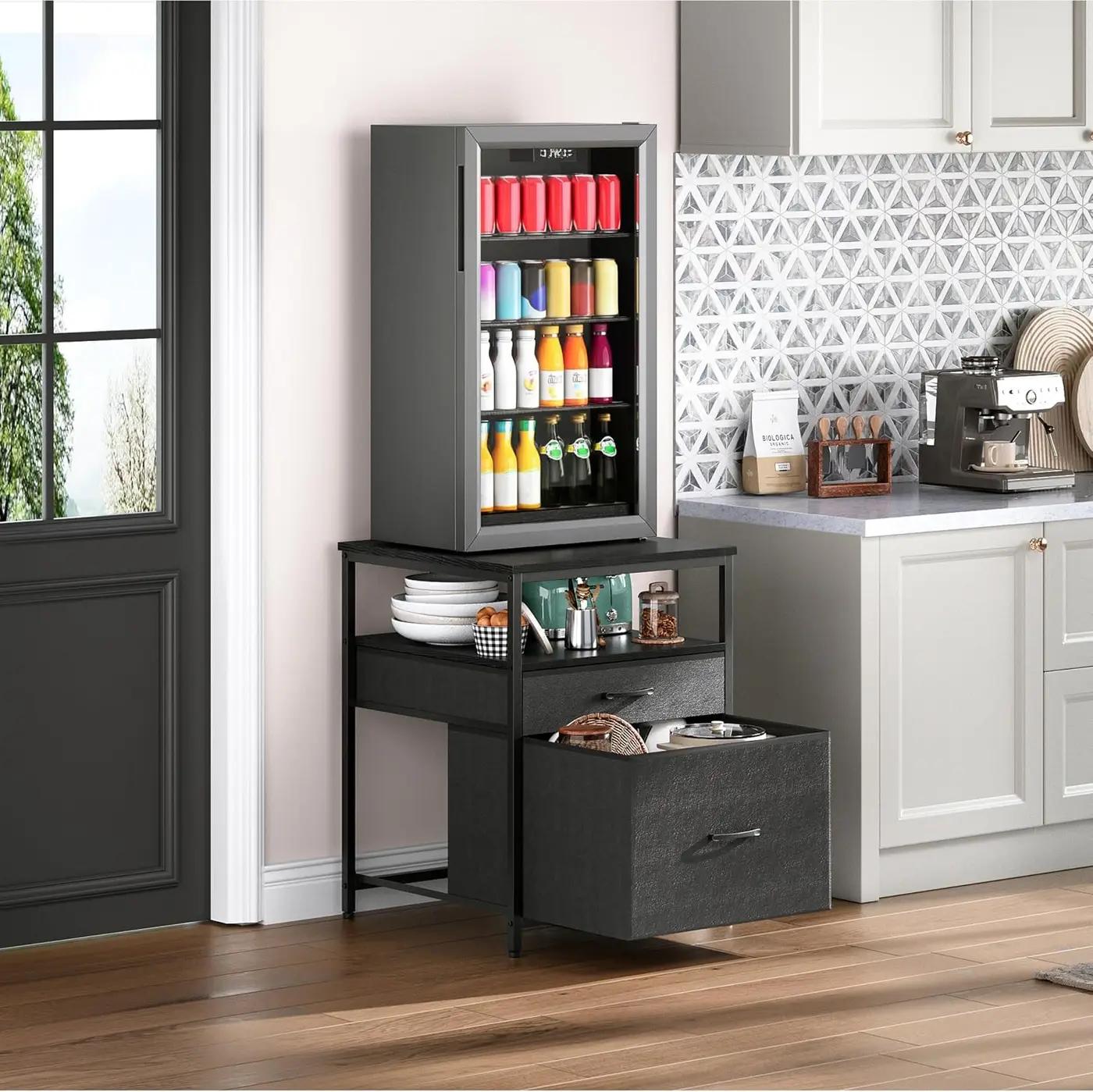 Herture Mini Fridge Stand with 3 Storage, Mini Fridge Cabinet, Beverage Fridge Table, Heavy Duty 21.3" L* 22.7" W Tabletop, for Dorm, Apartment,Office, Bedroom Black HB01BXB