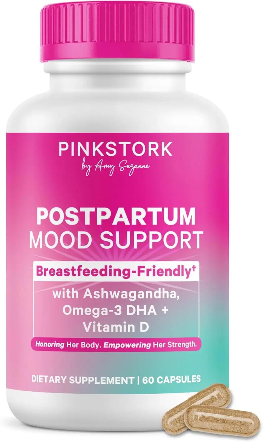 Pink Stork Postpartum Mood Support - Postnatal Hormone Balance for Women - Breastfeeding Friendly - Stress &amp; Cognitive Support, New Mom Essentials - Ashwagandha, Chamomile, Vitamin D, 60 Capsules