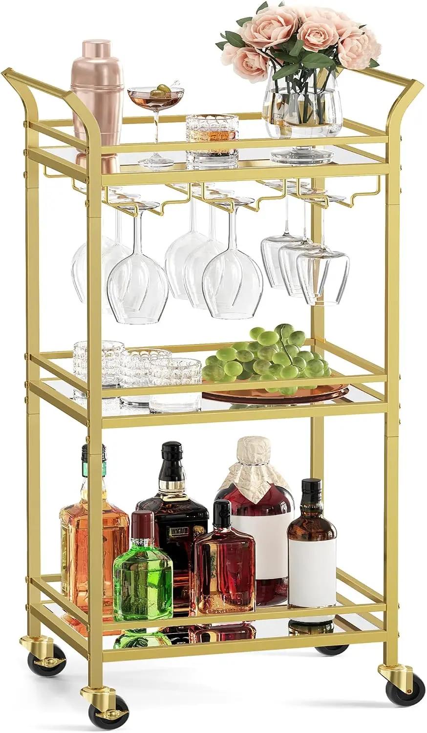 VASAGLE Bar Cart, Home Bar Serving Cart, Small Bar Serving Cart with 3-Tier Shelf, Wine Holders, Glass Holders, Mini Bar Cart for Small Spaces, Kitchen, Dining Room, Living Room, Pale Gold