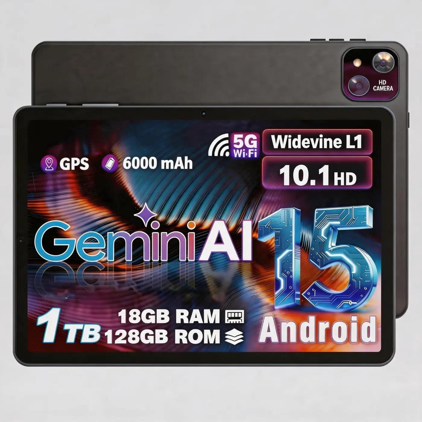10 Inch Android Tablet, Android 15 with 18GB RAM + 128GB ROM (1TB Expandable), Octa-Core, 1280x800 IPS HD Touchscreen, 5MP+8MP Dual Camera, 6000mAh, Tablet with Face Unlock, Gaming, Widevine L1