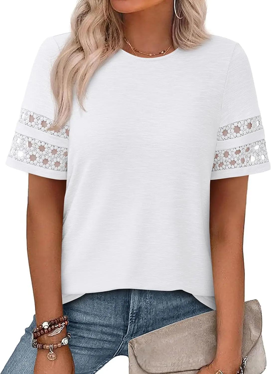 PRETTYGARDEN Summer Tops for Women 2026 Lace Short Sleeve T-Shirts Casual Blouses Spring Fashion Clothes Vacation Outfits OEKO-TEX STANDARD 100