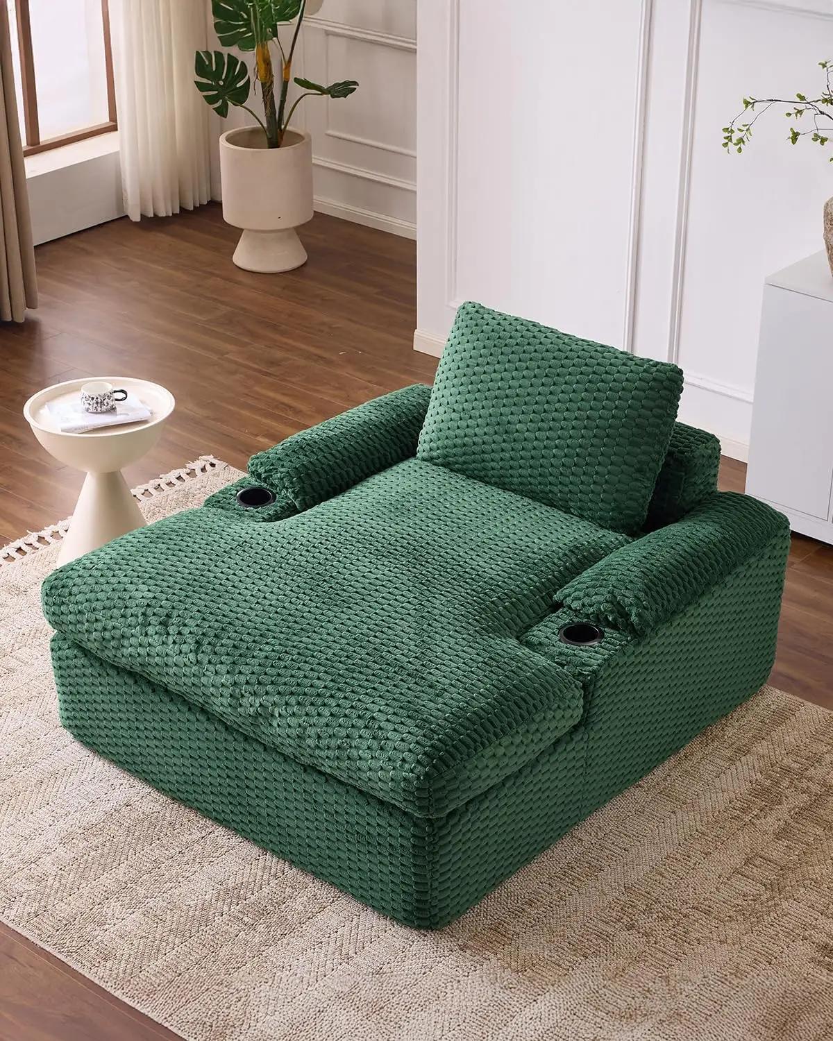 Karl home 50.6" Oversized Chaise Lounge Chair Indoor, Corduroy Sofa Bed with Removable Washable Cover &amp; Cup Holders, Deep Seat Single Sleeper, No Assembly Required for Living Room, Dorm, Office, Green