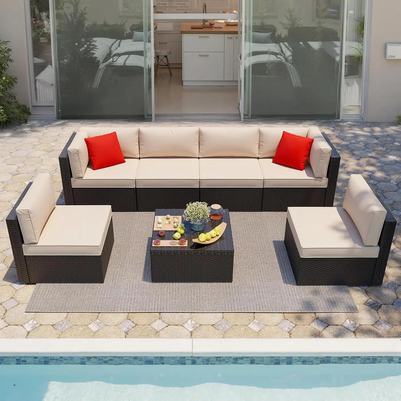 Shintenchi 7 Pieces Patio Furniture Sets Outdoor All-Weather Sectional Patio Sofa Set PE Rattan Manual Weaving Wicker Patio Conversation Set with Glass Table&amp;Ottoman Cushion and Red Pillows, Beige