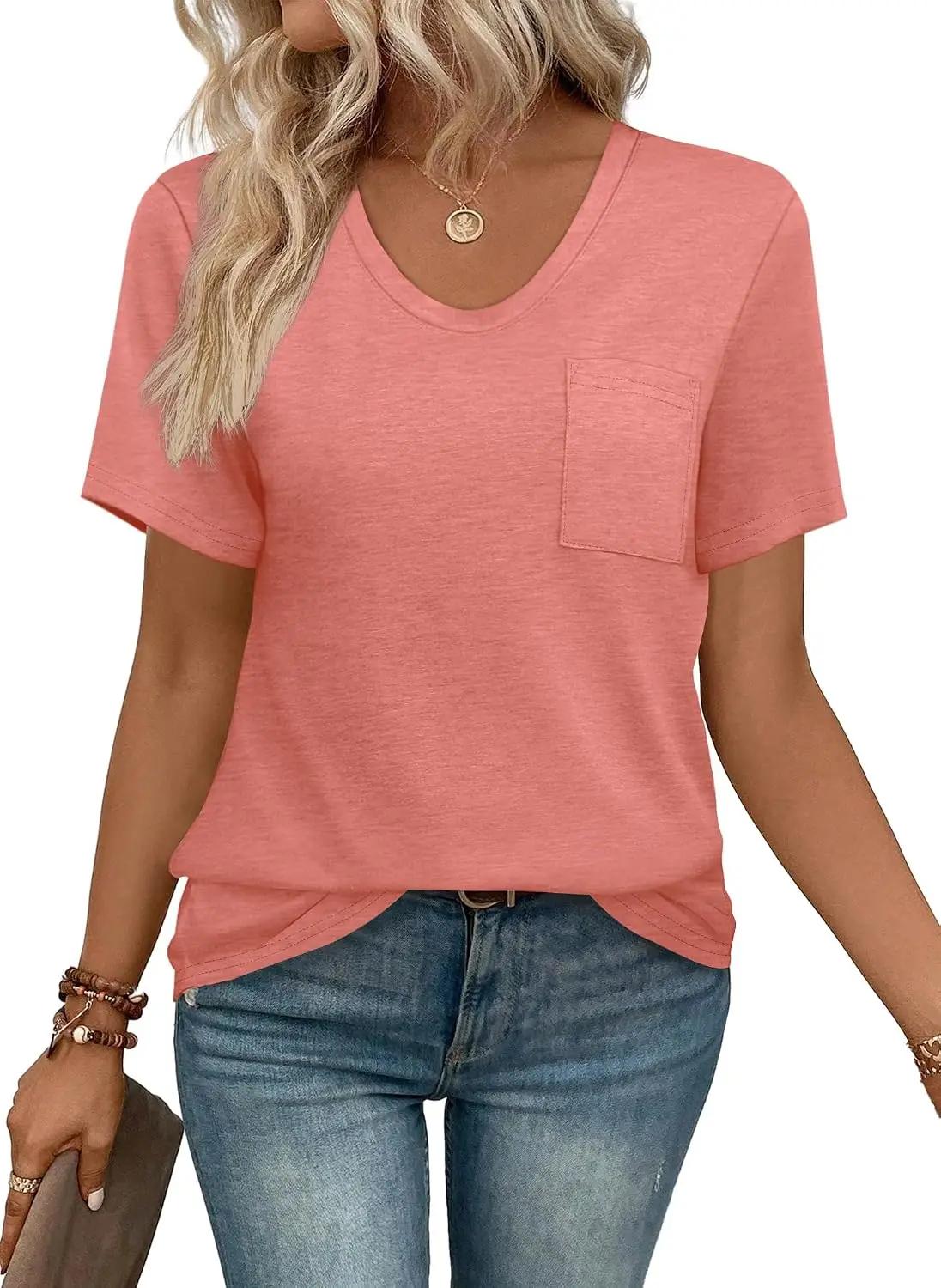 WIHOLL Women Summer T Shirts Short Sleeve Rounded V Neck Pocket Tee Tops OEKO-TEX STANDARD 100