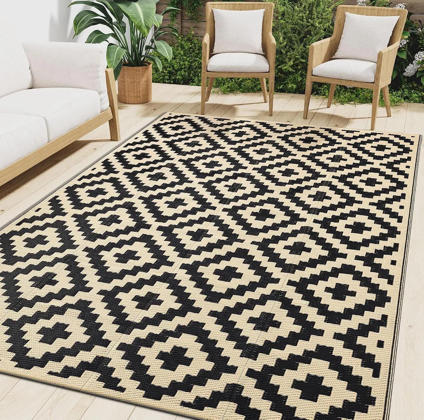 Smiry Waterproof Outdoor Rug 5x8 ft, Reversible Plastic Straw Patio Camping Rugs, Outdoor Indoor RV Mat Carpet for Patio, Outside Entry, Backyard, Deck, Bench, Picnic, Camper, Black &amp; Beige OEKO-TEX STANDARD 100