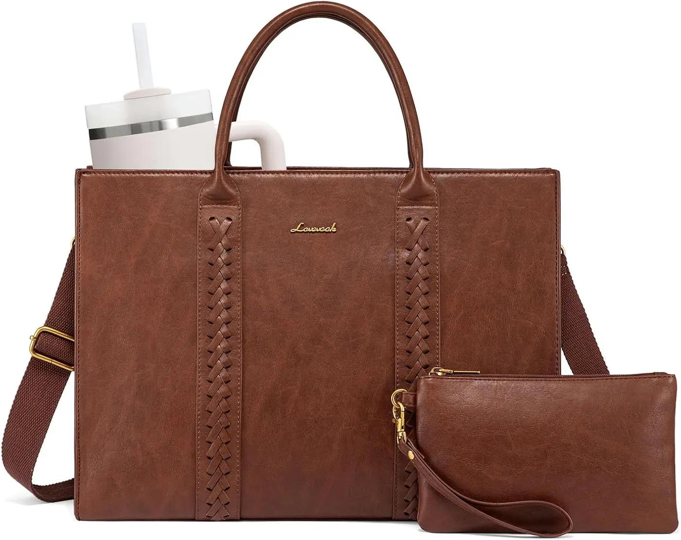 LOVEVOOK LOVEVOOK Laptop Tote Bag for Women, Vintage Leather Work Bag With Cup Holder, Waterproof Computer Purse, Professional Briefcase Office Shoulder Handbag, 15.6 Inch, Brown
