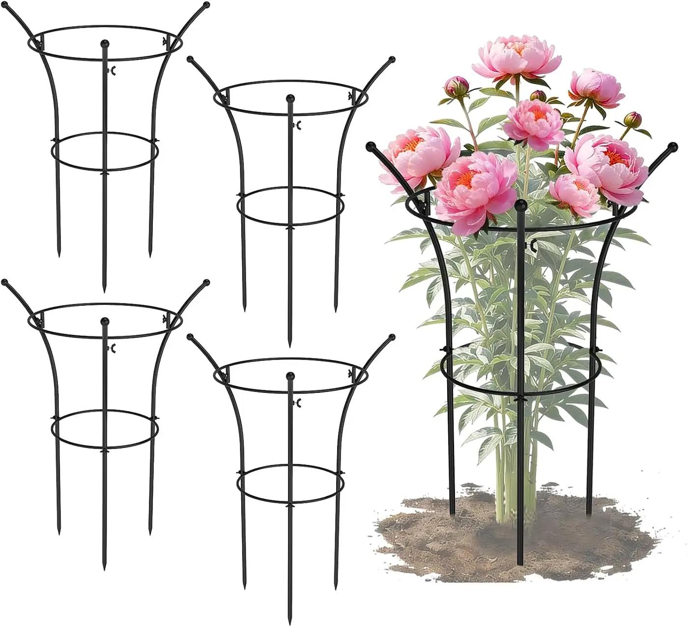 4 Pack Peony Cages and Supports, 12.5" Dx24 H Plant Supports for Outdoor Plants, Double-Ring Metal Peony Support Cage, Natural Bouquet Shape Plant Support Rings for Rose Tomato Hydrangea Strawberry