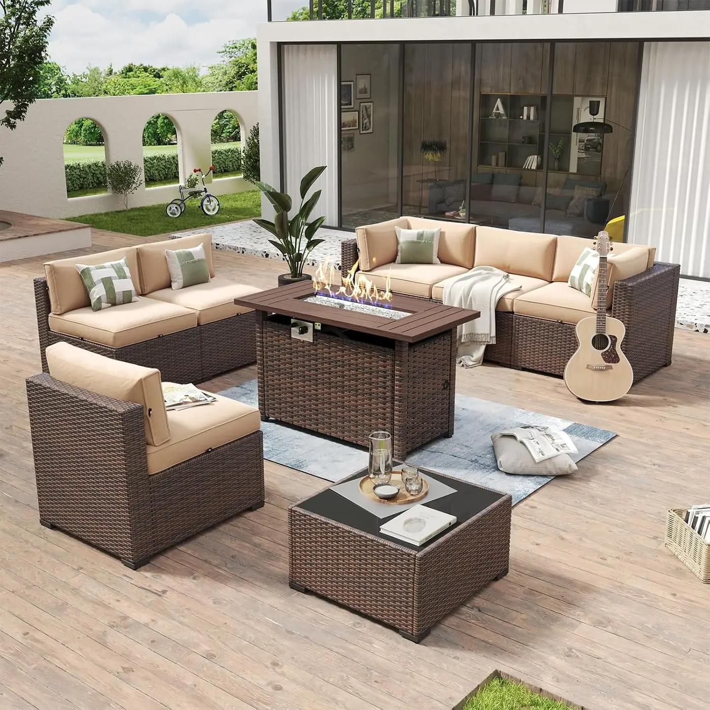 Aoxun 8 Piece Patio Furniture Set with 44” Fire Pit Table Wicker Rattan Outdoor Sectional Sofa Set with Coffee Table and Thickened Cushions, Beige (Waterproof Cover Included) Recycled Claim Standard Blended