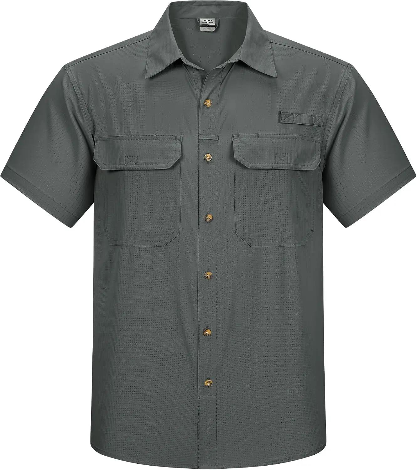 Outdoor Ventures Men's Lightweight Short Sleeve Fishing Shirt UPF 50 Button Down Quick Dry Cooling Hiking Travel Safari Shirt