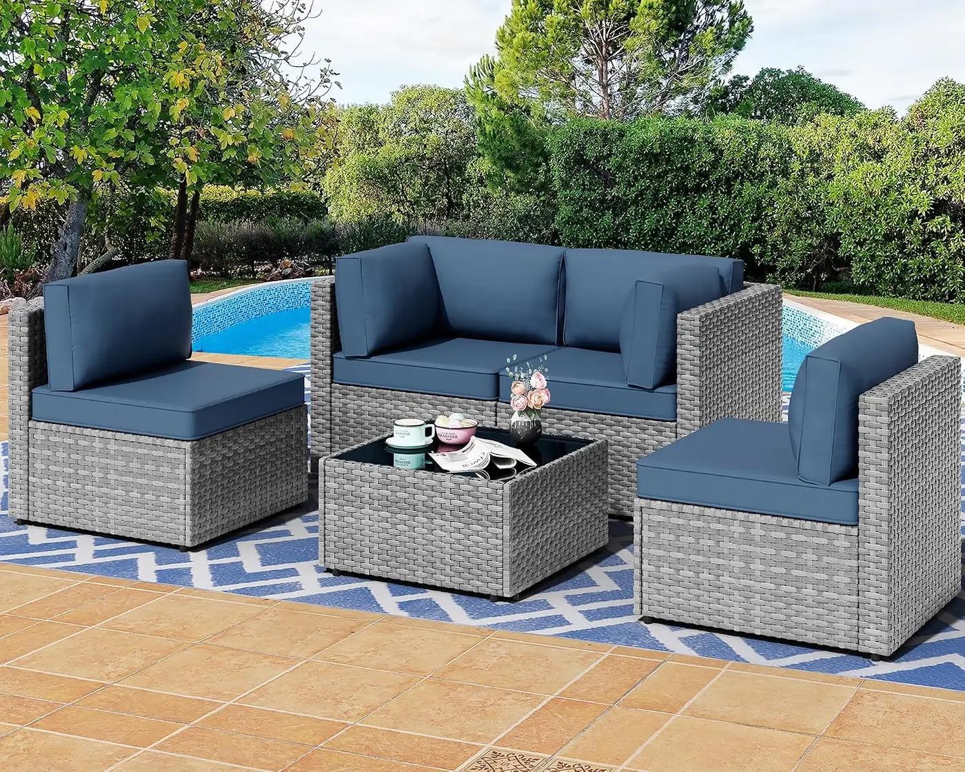 Shintenchi 5 Pieces Outdoor Patio Furniture Sets, Patio Sectional Sofa Couch, Gray PE Wicker Furniture Modular Patio Conversation Sets Patio Sofa with Washable Cushions &amp; Table（Aegean Blue）