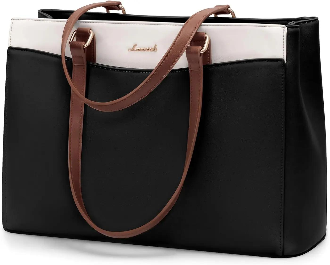 LOVEVOOK LOVEVOOK Laptop Tote Bag for Women, Work Bags Teacher Tote Bag, Waterproof Leather Computer Bag, Business Laptop Purse Office Handbag Professional Briefcase, Black-Beige-Brown, 15.6 Inch