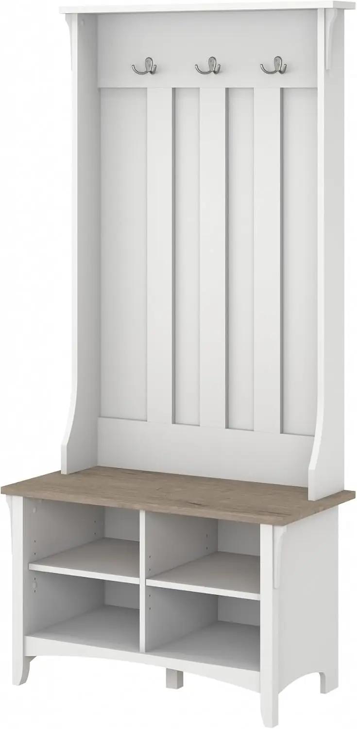 Bush Home Salinas Hall Tree with Shoe Storage Bench in Shiplap Gray and Pure White, Multi-Purpose Home Organizer, Entryway Solution with Seating and Hooks