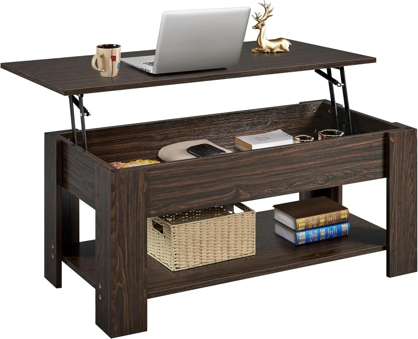 Yaheetech Lift Top Coffee Table with Hidden Compartment and Storage Shelf, Rising Tabletop Dining Table for Living Room Reception Room, 47.5in L, Espresso