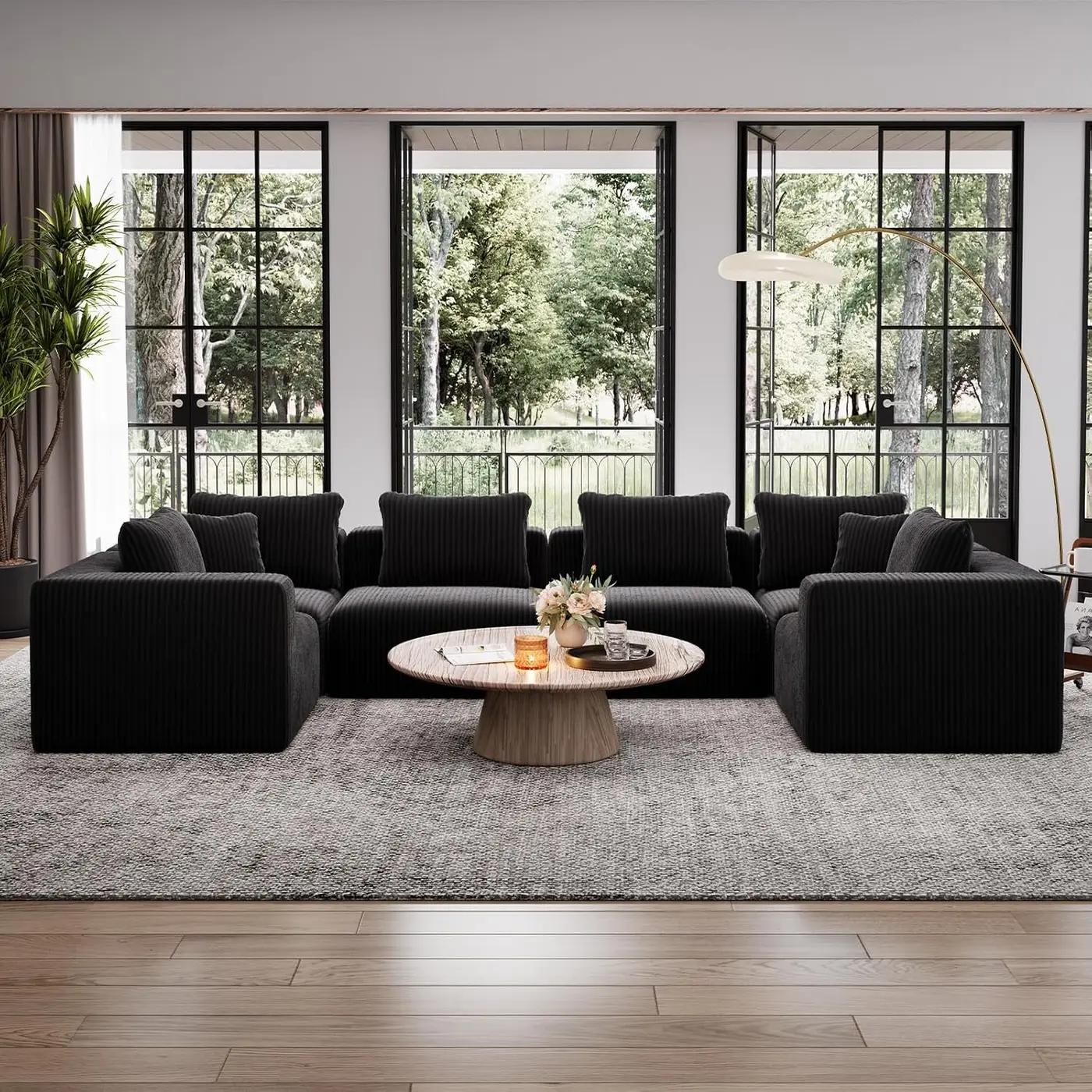 Avenco 141” 6-Seat Modular Sectional Sofa Couch, Individually Wrapped Coil Support &amp; Corduroy Fabric, Zero Assembly 6-Piece Set for Large Living Room, Black