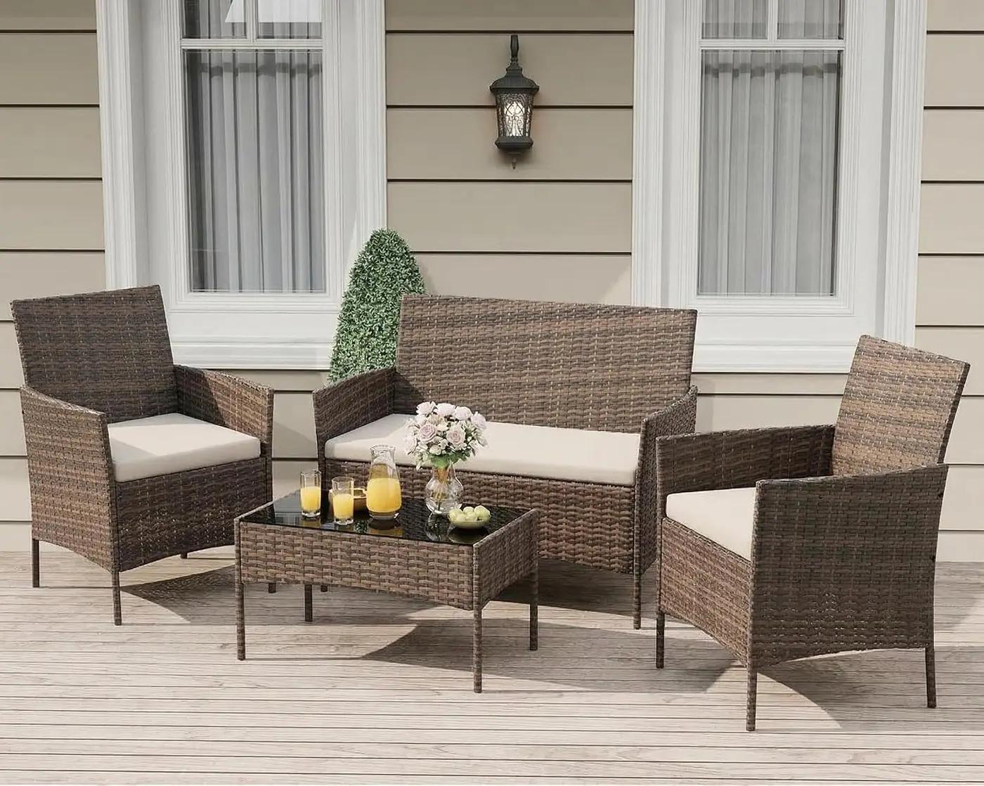 GarveeLife 4-Piece Patio Furniture Set, Rattan Outdoor Furniture with Upholstered Sofa, 2 Chairs &amp; Coffee Table, Modern Conversation Bistro Set for Garden Backyard Porch (Gradient Brown and Beige)