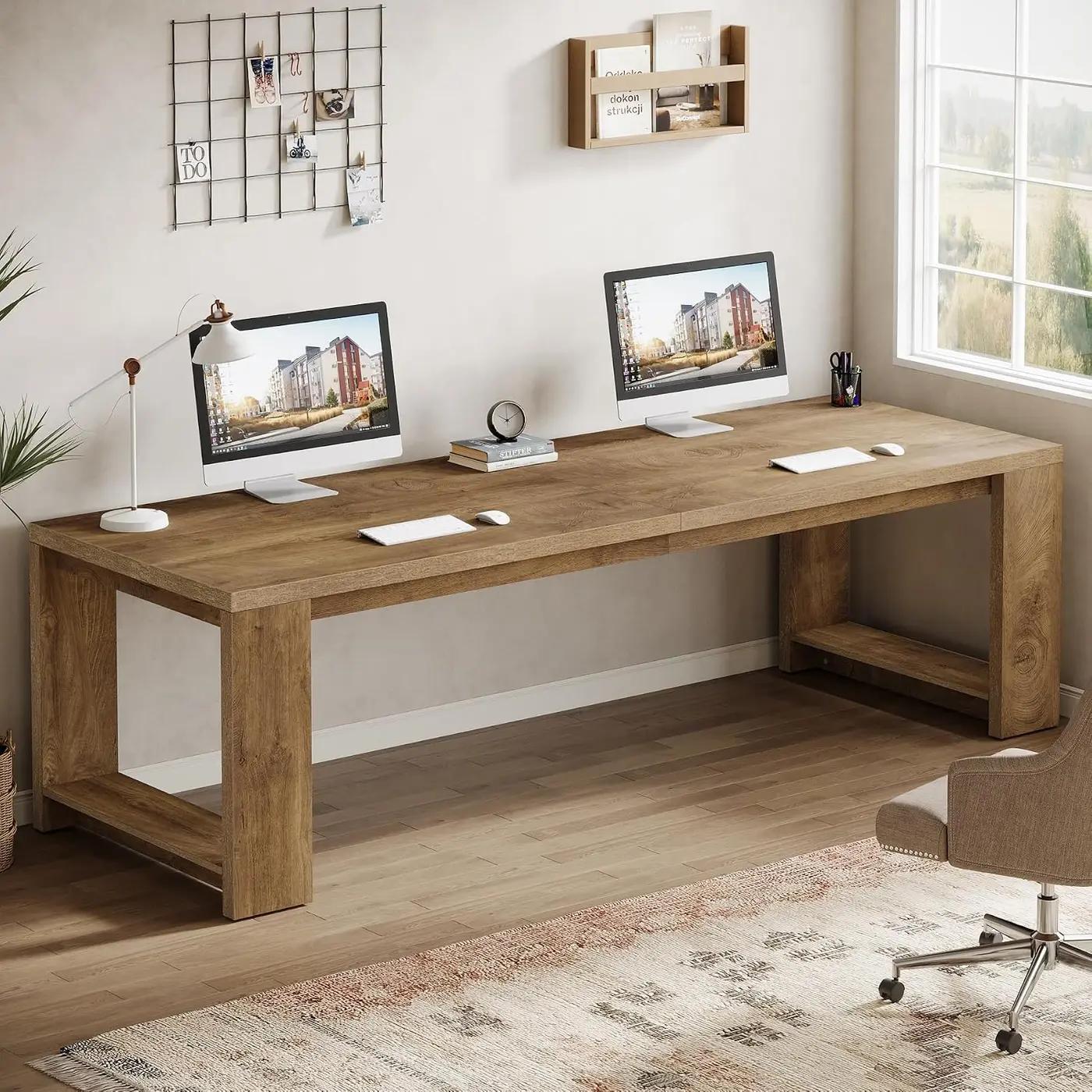 Tribesigns Two Person Desk, 86.6 Inches Extra Long Desk, Double Computer Writing Table, Wood Large Desks Workstation for Home Office, Natural Wood