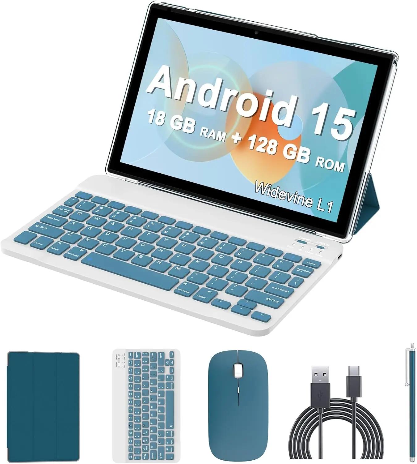 Android 15 Tablet, 10 inch 2 in 1 Tablets with Keyboard, 18GB RAM 128GB ROM 2TB Expand, Quad-Core 2.0Ghz CPU, 5G WiFi 6, BT5.0, 1280x800 HD Touchscreen, 6000mAh, Widevine L1, GMS Tablet, Navy