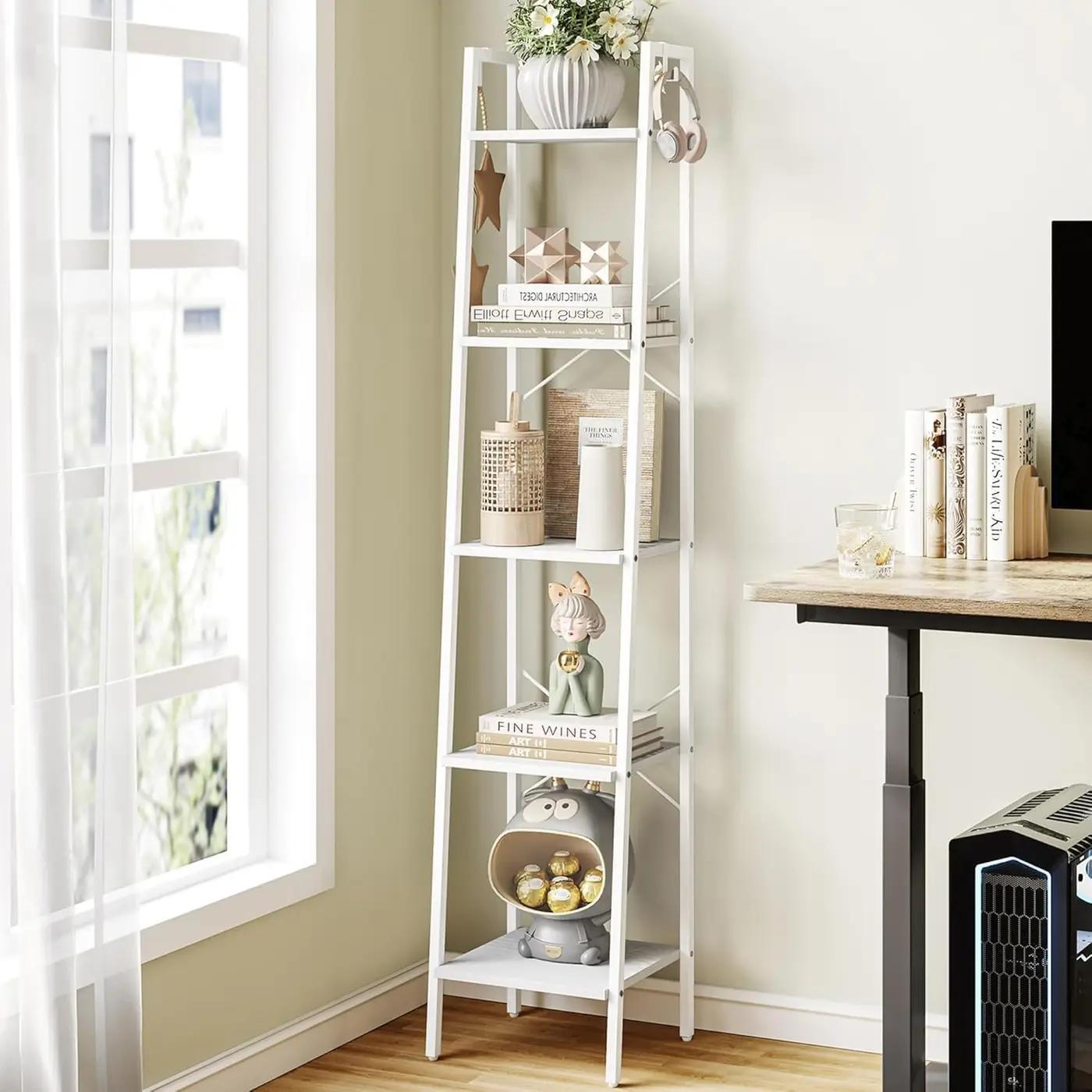 Hzuaneri Ladder Shelf, Bookshelf Bookcase, Freestanding Corner Storage Shelve with 2 Hooks for Home Office, Living Room, Kitchen, Bedroom, Industrial, 5-Tier White BC03213W