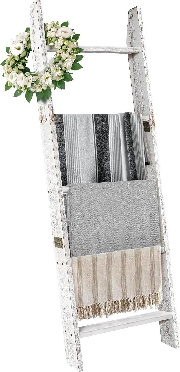 Honest Blanket Ladders for The Living Room, 5-Tier Blanket Holder, Wall-Leaning Blanket Rack, Ladder Shelves, Wooden Quilt Ladder, Farmhouse Decor, White