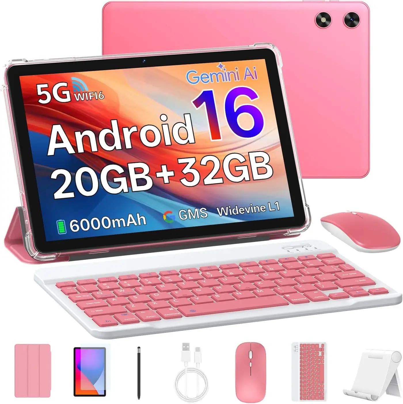 Android 16 Tablet 10 inch Tablet with Keyboard 20GB RAM 1TB Expandable, 1280x800 HD Screen, Dual Camera, 6000mAh Battery, WiFi 6, BT 5.4, Widevine L1, 2 in 1 Tablets with Keyboard Mouse Stylus (Pink)