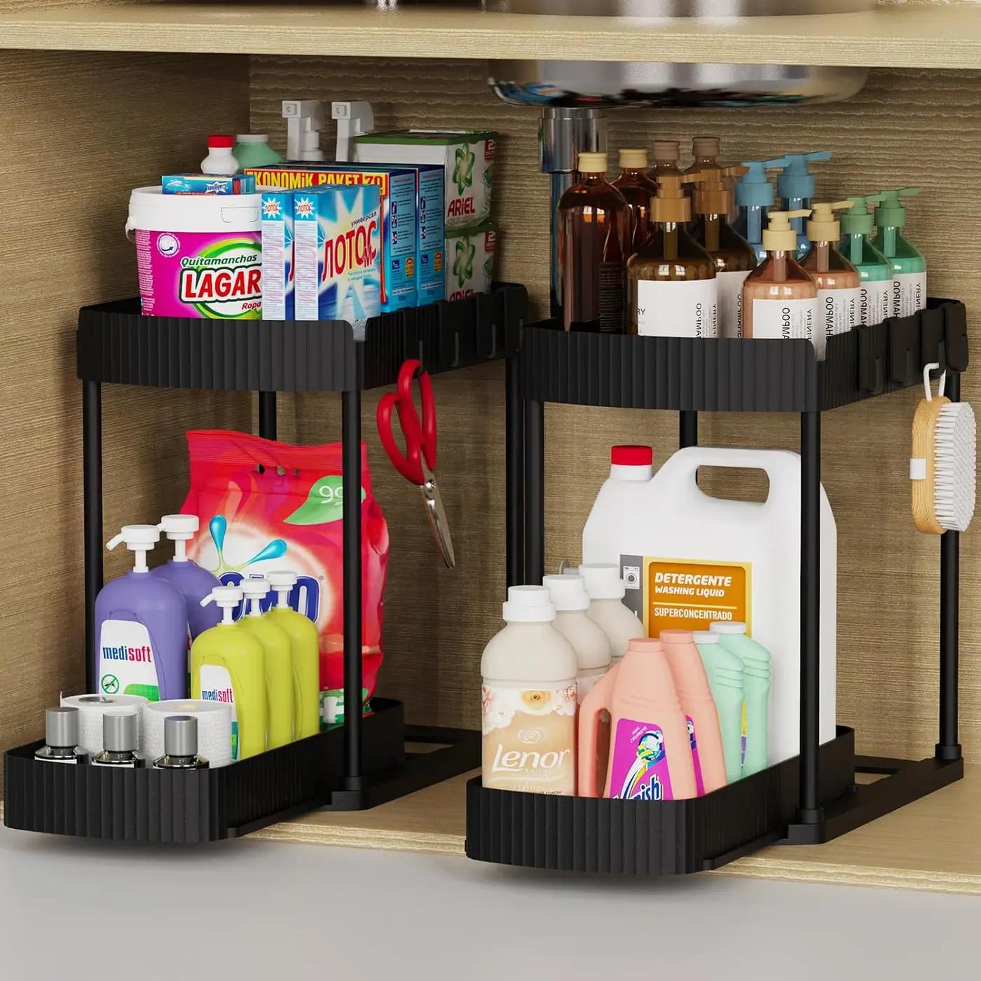Ukeetap Multi-Purpose Pull-Out Storage Organizers, Under Sink/Cabinet Organizers and Storage for Bathroom &amp; Kitchen, Black, 12.8 Inches, 2 Packs