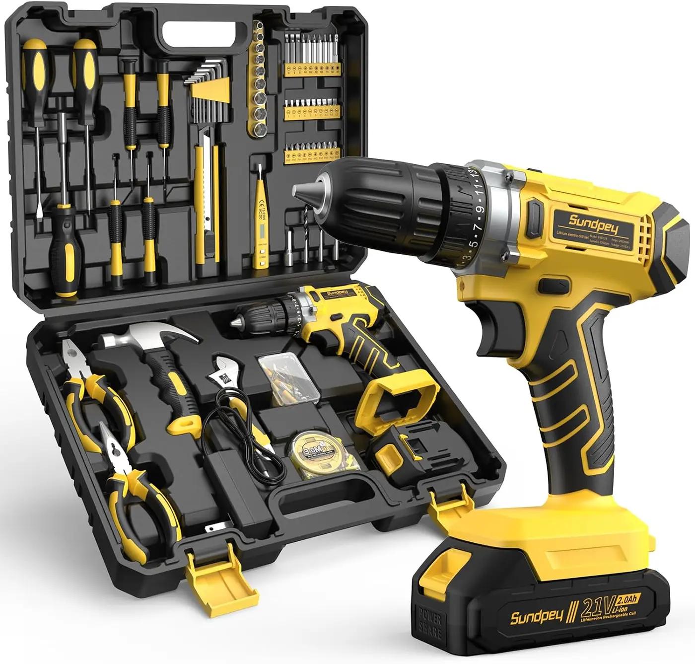 Sundpey Tool Kit with 21V Drill - 170-PCs Portable General Basic Home Repair Tool Set with Power Drill &amp; 2.0Ah Battery &amp; Charger &amp; Tool Box for Homeowner Drilling DIY Projects House Repairs &amp; Handyman