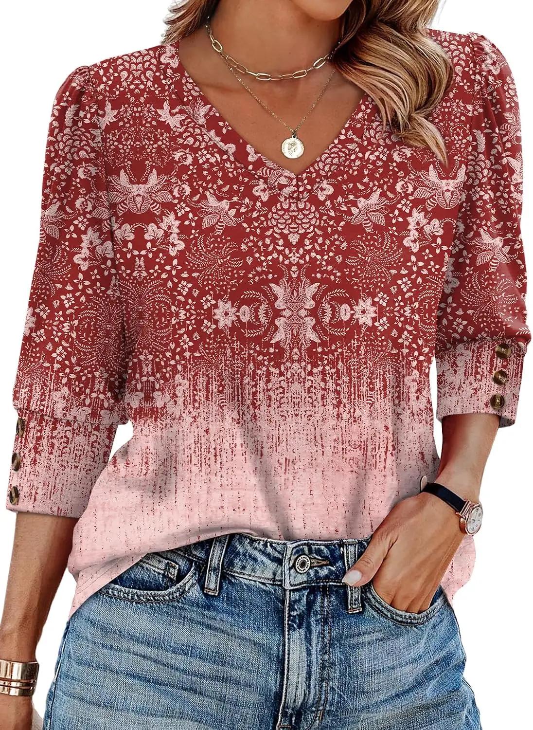 XIEERDUO Womens 3/4 Sleeve Tops with Buttons V-Neck Summer Outfits Casual Blouses Shirts Beach Vacation Fall Clothes 2026 OEKO-TEX STANDARD 100