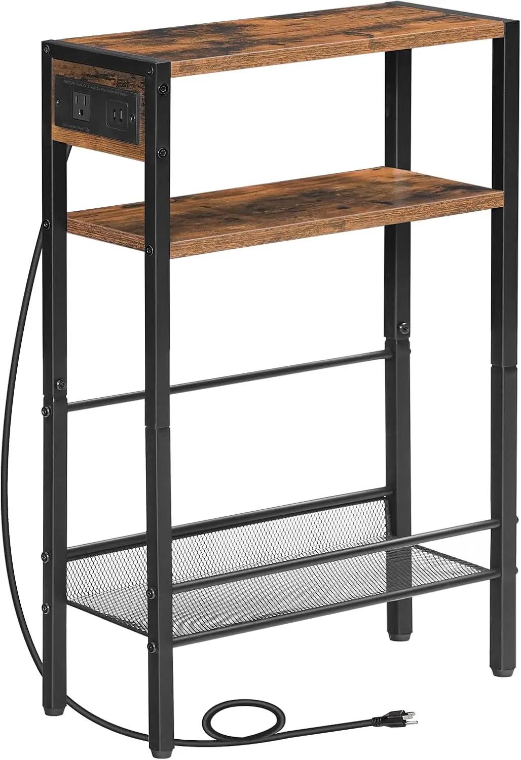 HOOBRO Small Narrow Side Table with Charging Station, Skinny End Table for Small Spaces, Slim Nightstand with USB Ports Outlet, Sofa Beside Table with Storage Shelf, Rustic Brown and Black BF102UBZ01 The Forest Stewardship Council