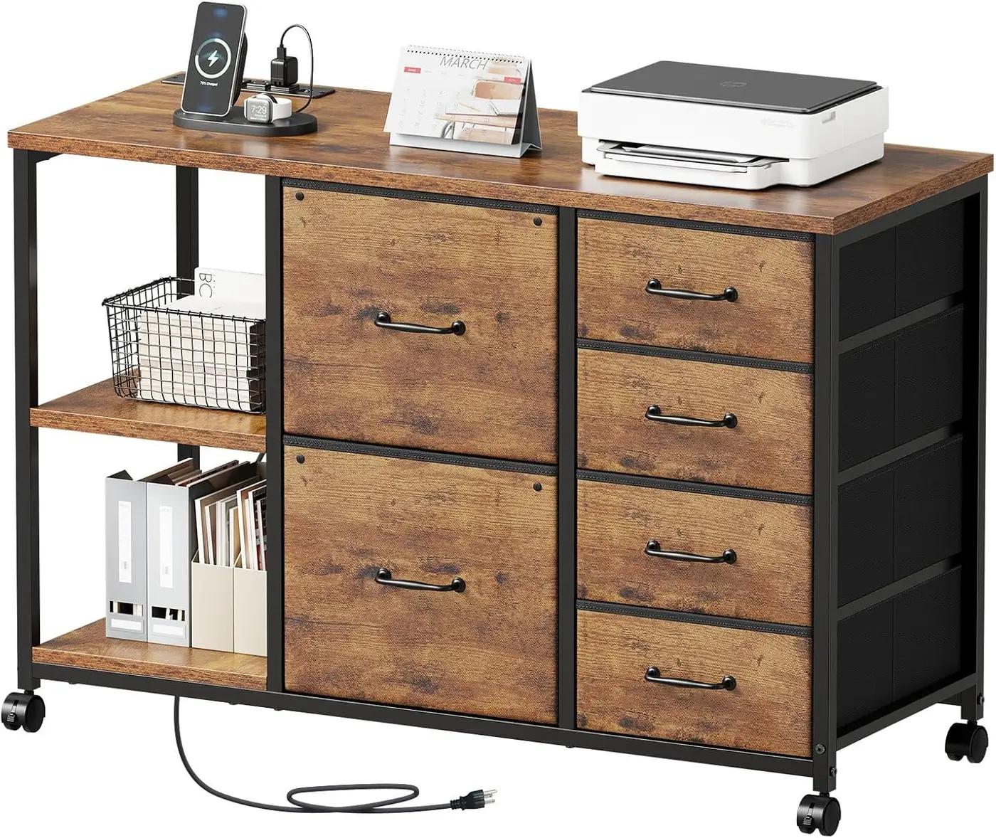 Maihail 6 Drawer File Cabinet with Charging Station Rolling Printer Stand with Open Storage Shelf Fabric Lateral Filing Cabinet for Home Office,Rustic Brown2