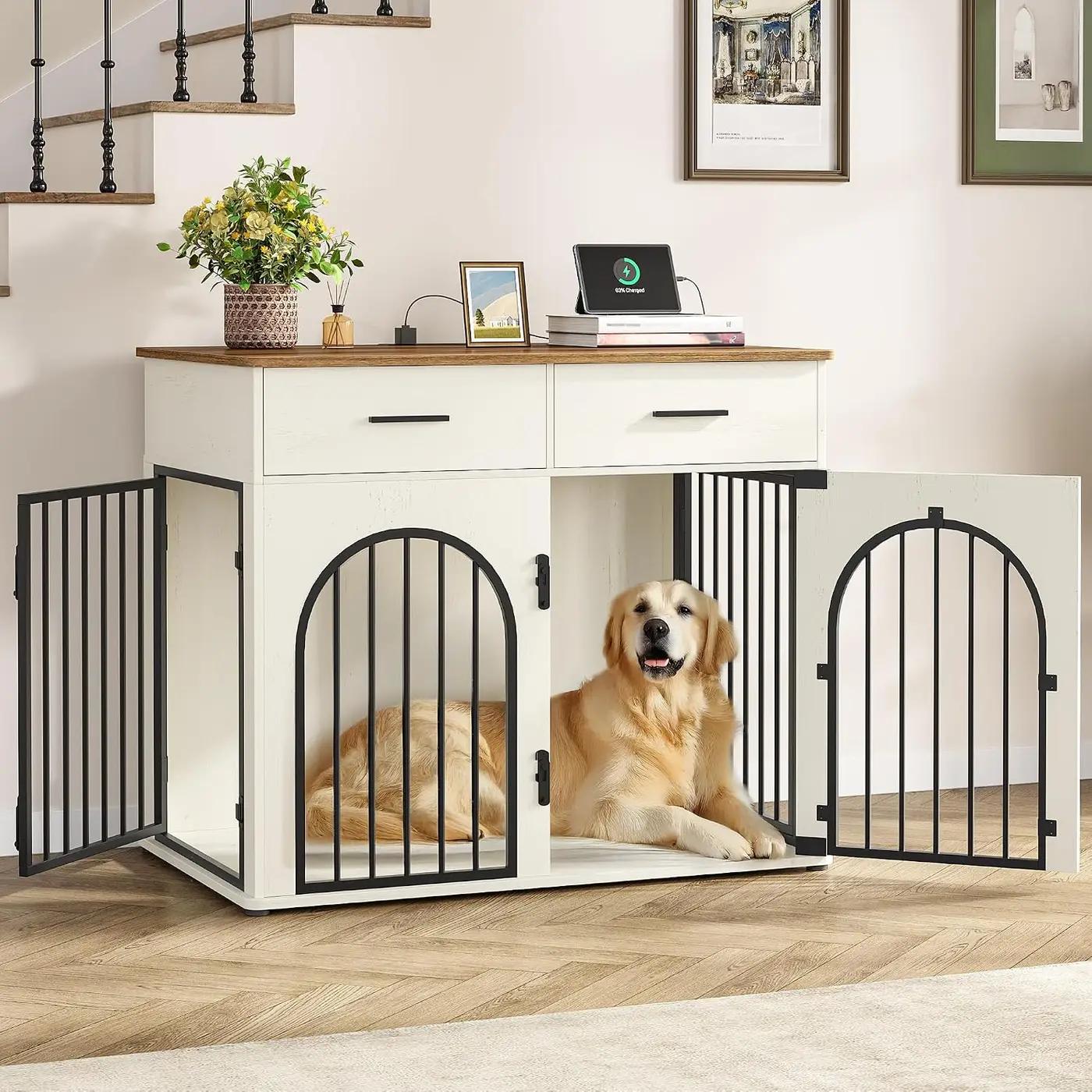 Hzuaneri 43.3'' Large Dog Crate Furniture with 2 Storage Drawers, Heavy Duty Dog Kennel Indoor with Charging Station, Wooden Dog Cage End Table Kennel for Medium/Large Dogs, White Brown DFC88214B The Forest Stewardship Council