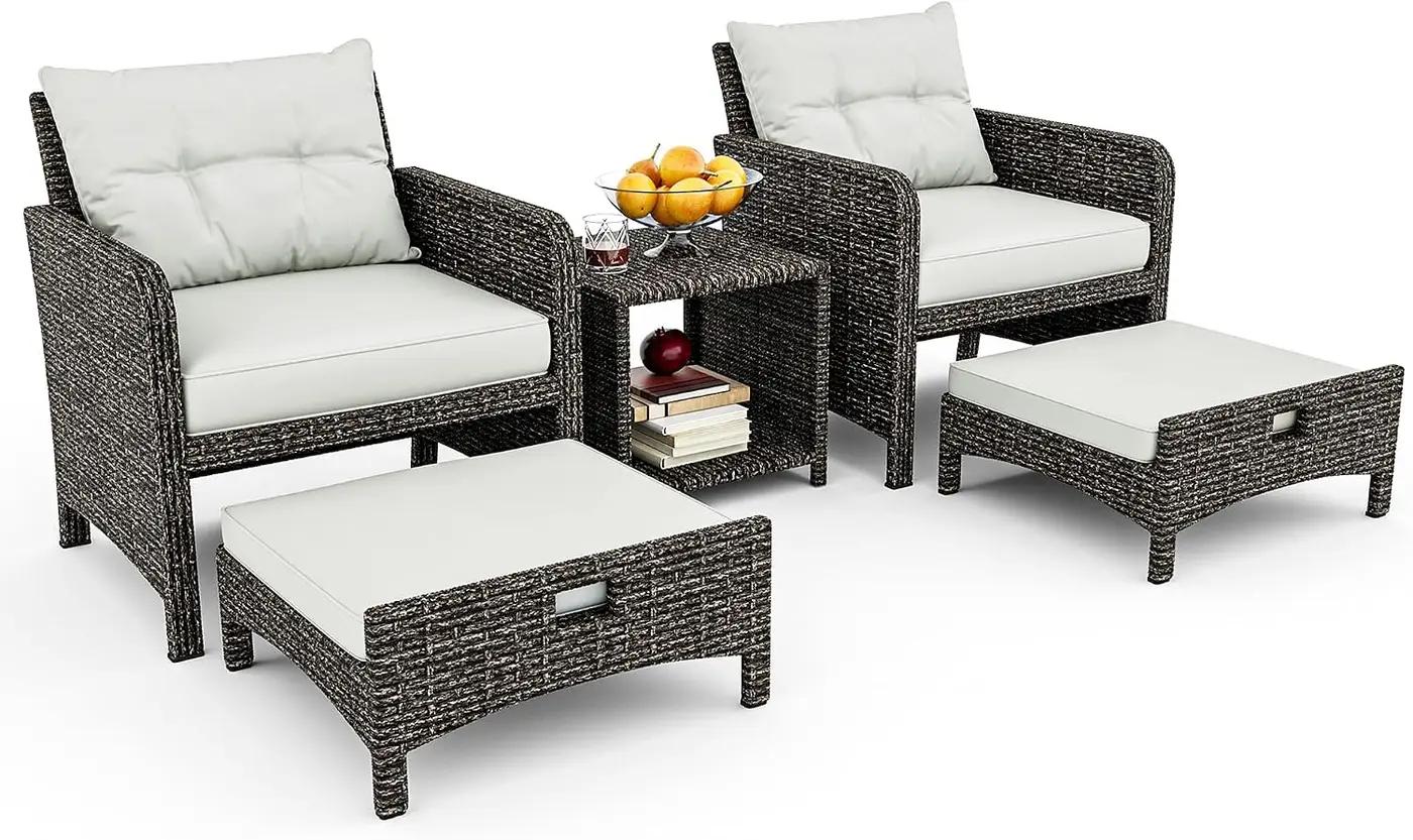 Pamapic Outdoor Furniture 5 Piece Patio Conversation Set, Wicker Rattan Patio Set with Soft Cushions &amp; Coffee Table, Balcony Furniturefor with 2 Ottoman for Porch, Garden, Lawn (Grey)
