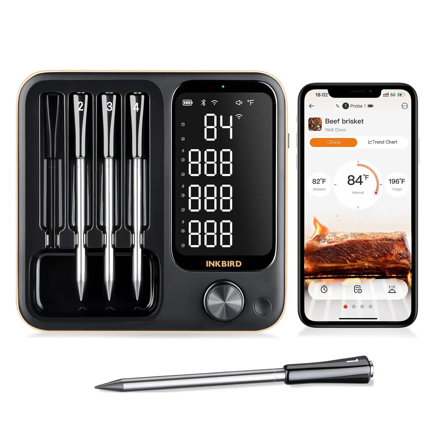 INKBIRD WiFi Wireless Meat Thermometer with 360°Readable LCD Standalone Base，4 Probes Digital Food Meat Thermometer with Remote Control for BBQ, Grill, Oven, Smoker, Rotisserie, Kitchen Global Recycled Standard