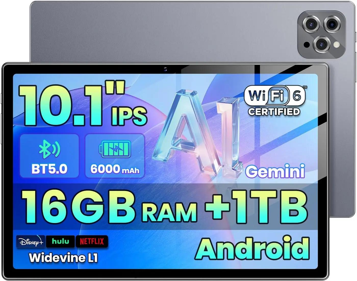 2026 Android 15 Tablet with Gemini AI,16GB+1TB Expand, 10.1 inch Tablet,Octa-core CPU, Dual Camera, WiFi6, 6000mAh,Widevine L1,Split Screen,Family &amp; Work,mothers day birthday gift mom her (Gray)