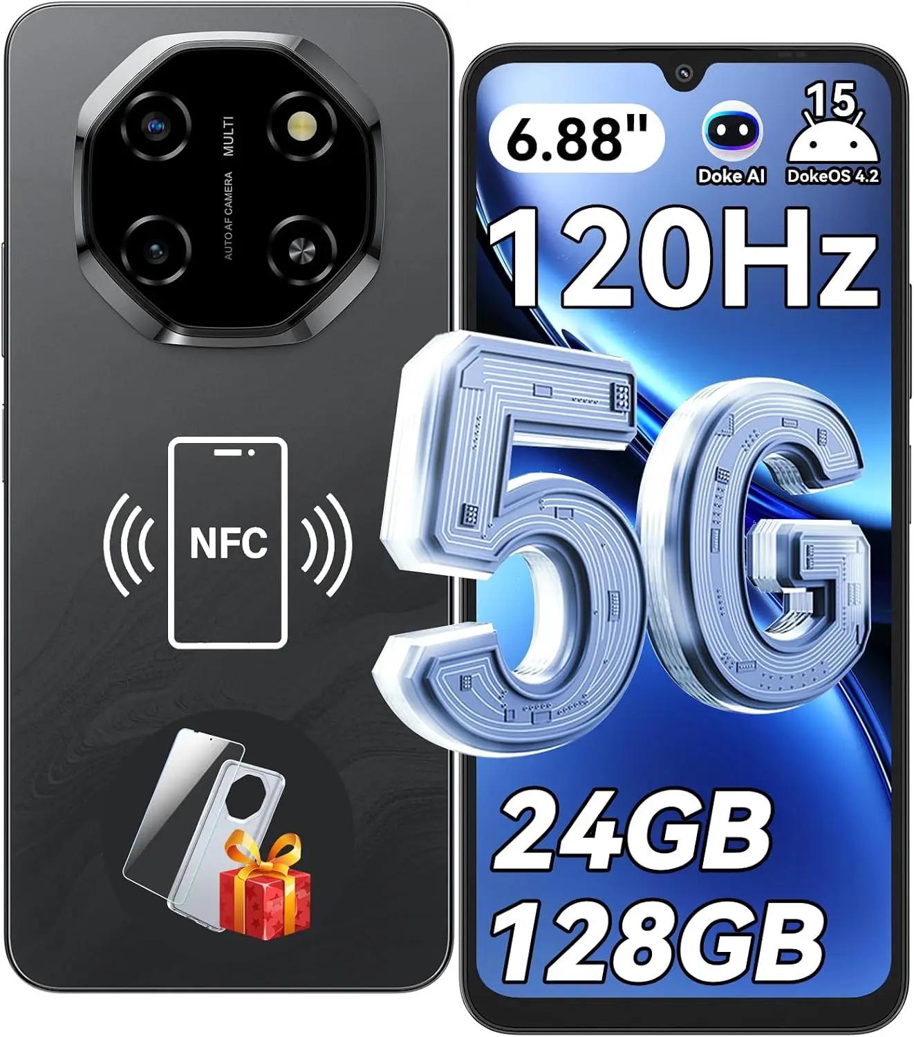 Blackview Shark 6 Unlocked Android Phones 5G (2025), Android 15 Cell Phone Unlocked, 6.88" 120Hz Display, 24GB+128GB/2TB, 16MP+8MP AI Camera, 5000mAh/18W,Fingerprint/Face ID,Dual SIM/GPS/OTG/NFC,Black ClimatePartner certified