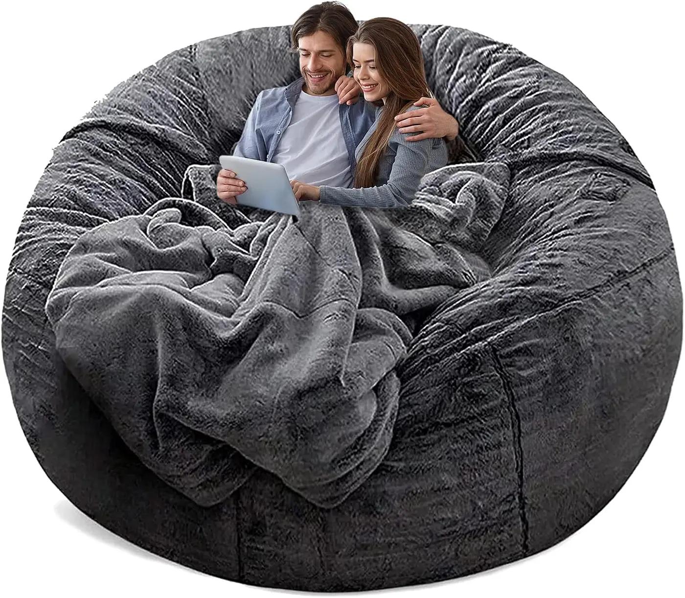 YudouTech（No Filler Bean Bag Chair Cover Without Filler,Big Round Soft Fluffy PV Velvet Washable Bean Bag Lazy Sofa Bed Cover for Adults,Living Room Bedroom Furniture Outside,5ft Dark Grey