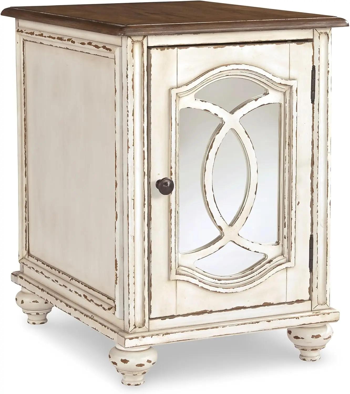 Signature Design by Ashley Realyn Farmhouse Chair Side End Table with Cabinet For Storage, Antique White &amp; Brown