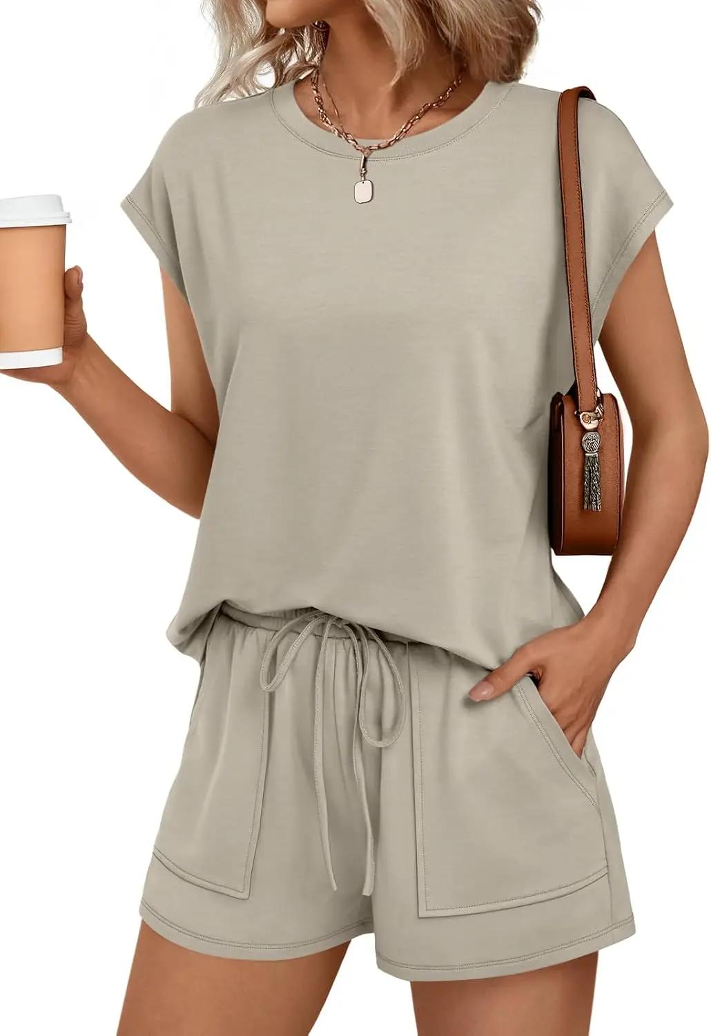 AUTOMET Womens Crew Neck Two Piece Short Sets Cap Sleeve Drawstring Summer Sweatsuit with Pocket OEKO-TEX STANDARD 100