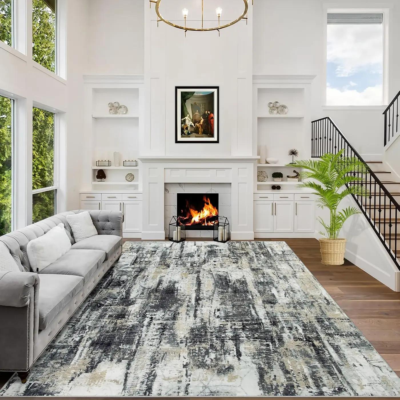 8x10 Area Rugs Washable Rug: Large Modern Abstract Living Room Rug Soft Anti-Skid Thin Carpet Indoor Floor Non-Shedding Carpets for Bedroom Dining Farmhouse Nursery Home Office Black Grey Gold OEKO-TEX STANDARD 100