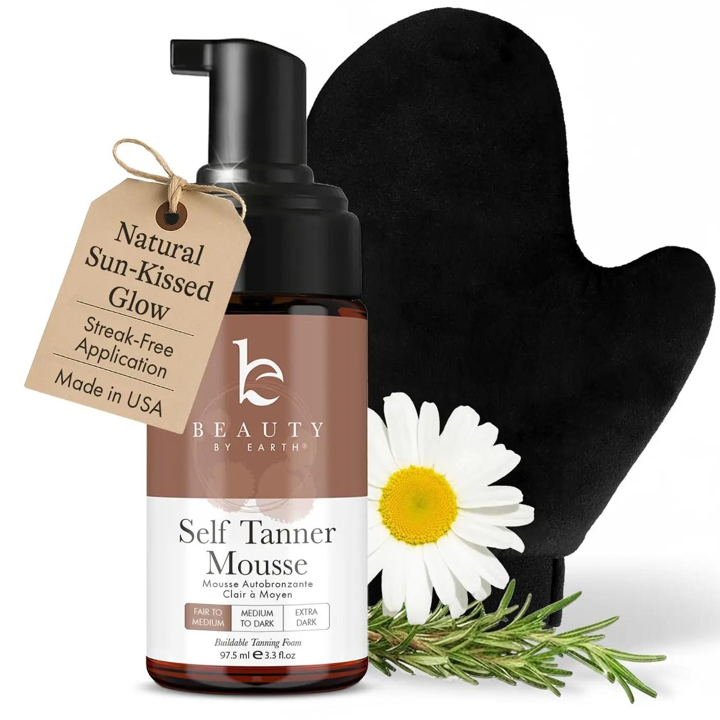 Self Tanner Tanning Mousse Kit - USA Made with Natural &amp; Organic Ingredients, Self Tanner Mousse and Mitt, Tan Kit, Fake Tan Tanning Foam, Fair to Medium, Sunless Tanners Best Sellers